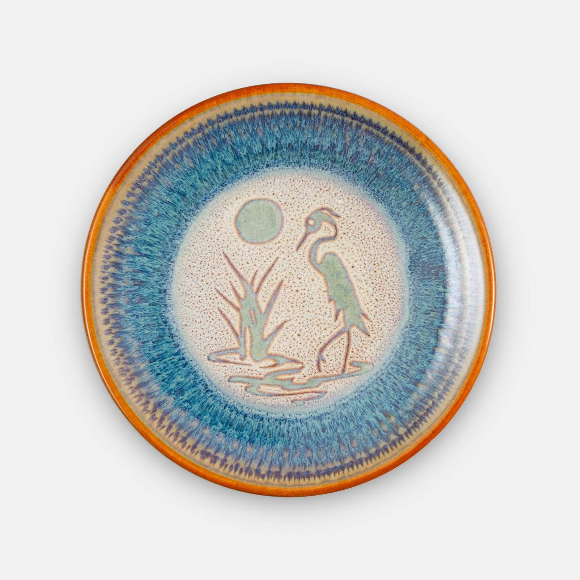 Handmade Pottery Rimless Dinner Plate made by Olyssia Designs LLC  in US in Purple Heron pattern