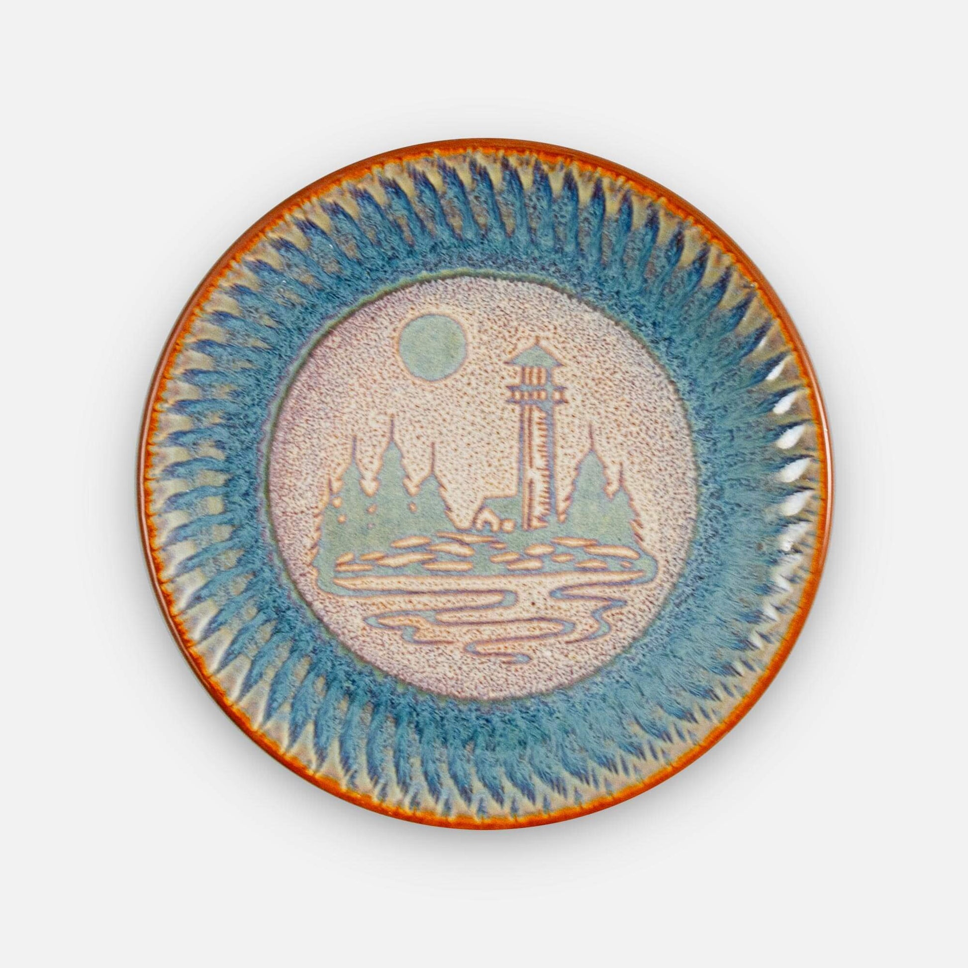 Handmade Pottery Rimless Dinner Plate made by Olyssia Designs LLC  in US in Purple Lighthouse pattern