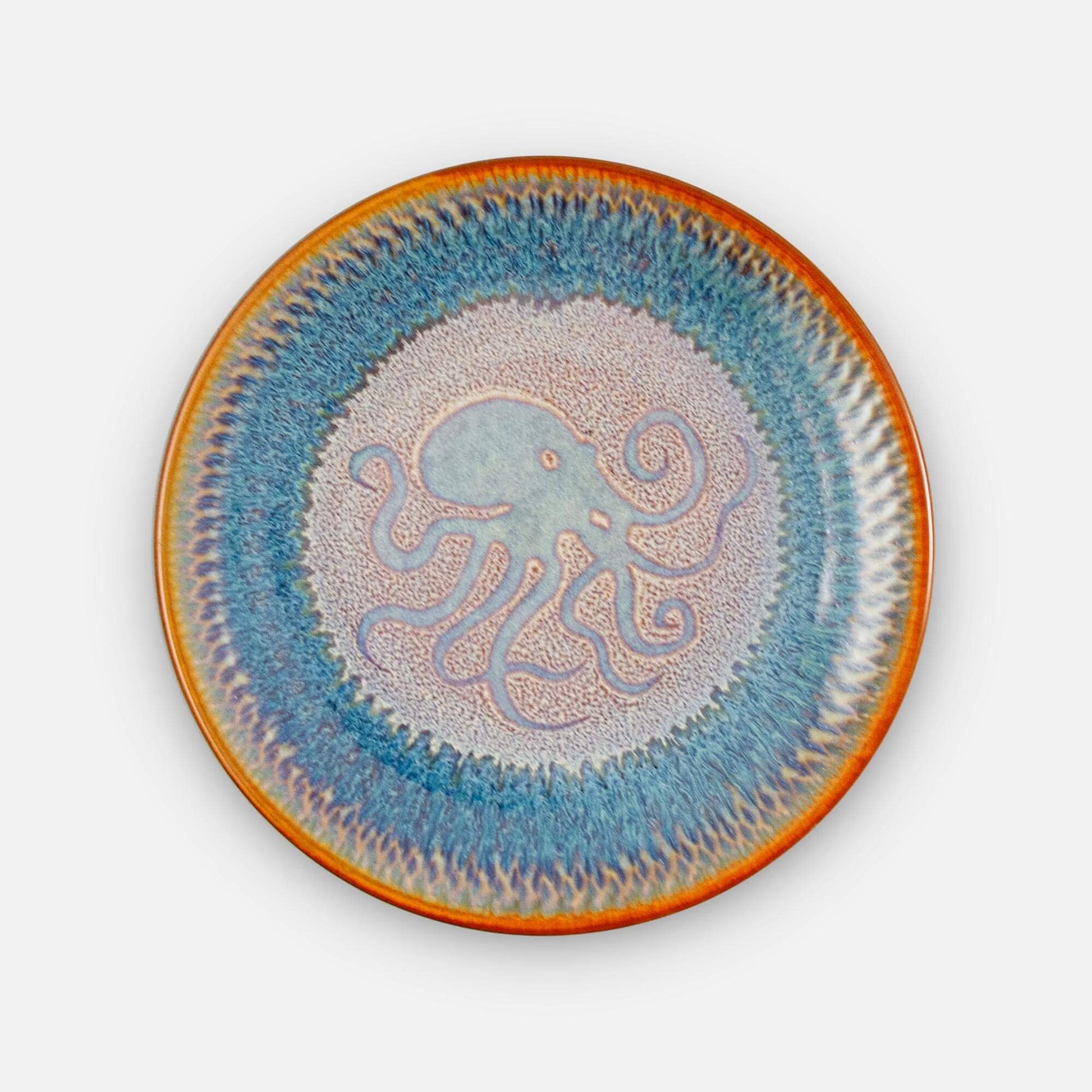 Handmade Pottery Rimless Dinner Plate made by Olyssia Designs LLC  in US in Purple Octopus pattern