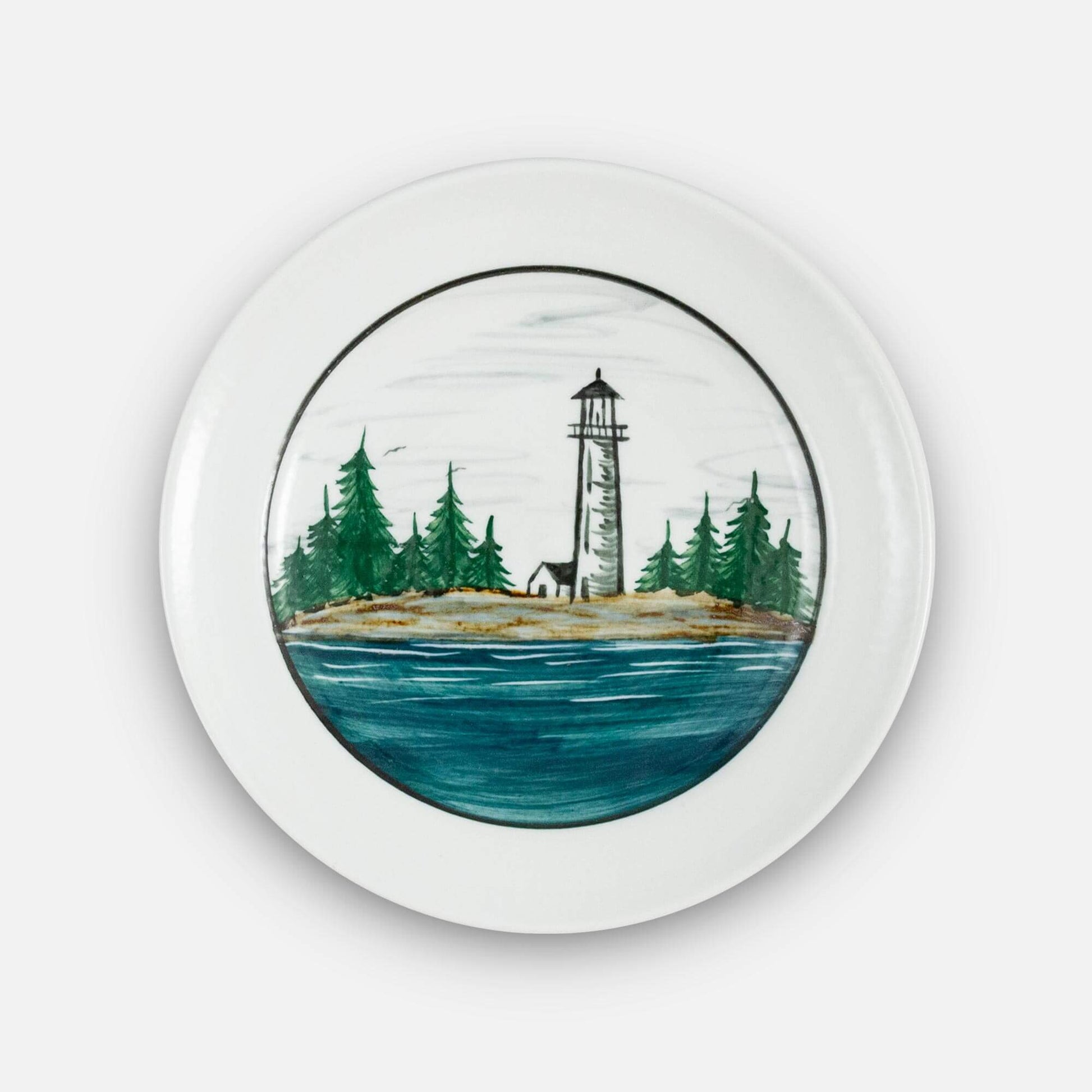 Handmade Pottery Footed Dinner Plate in Lighthouse pattern made by Olyssia Designs LLC  in US