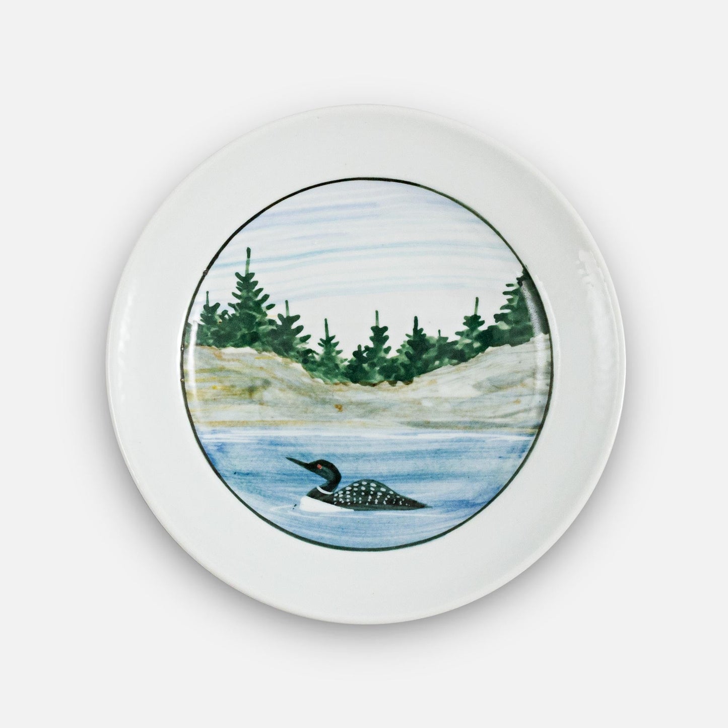 Handmade Pottery Rimless Dessert Plate made by Olyssia Designs LLC in US in Loon pattern