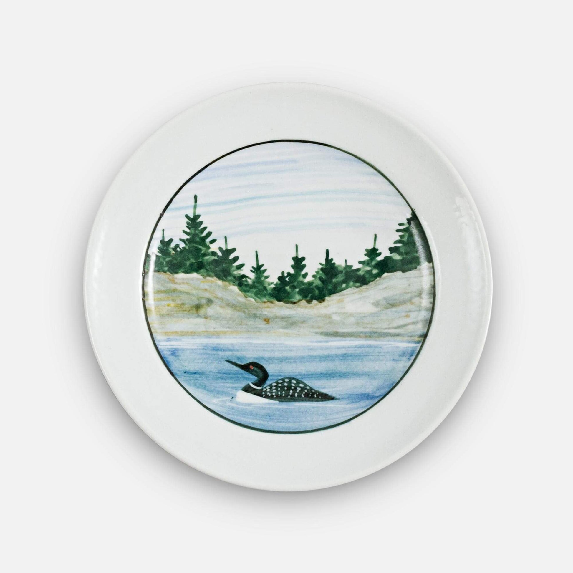 Handmade Pottery Footed Dinner Plate in Loon pattern made by Olyssia Designs LLC  in US