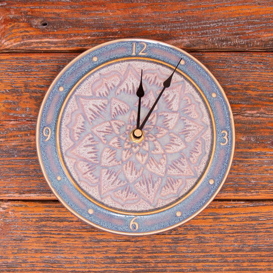 Handmade Pottery Large Clock w/ Stand in Purple Celtic Flower pattern made by Olyssia Designs LLC  in US