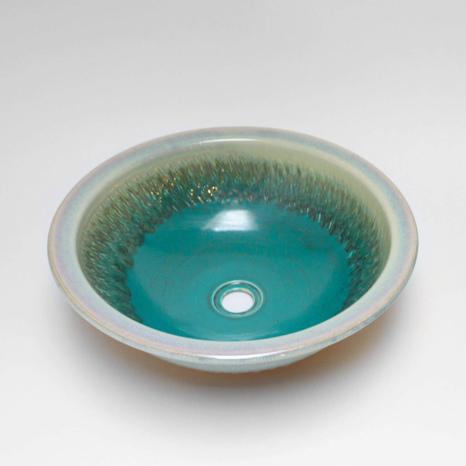 Handmade Pottery Rim Mount Sink in Green Oribe pattern made by Olyssia Designs LLC  in US