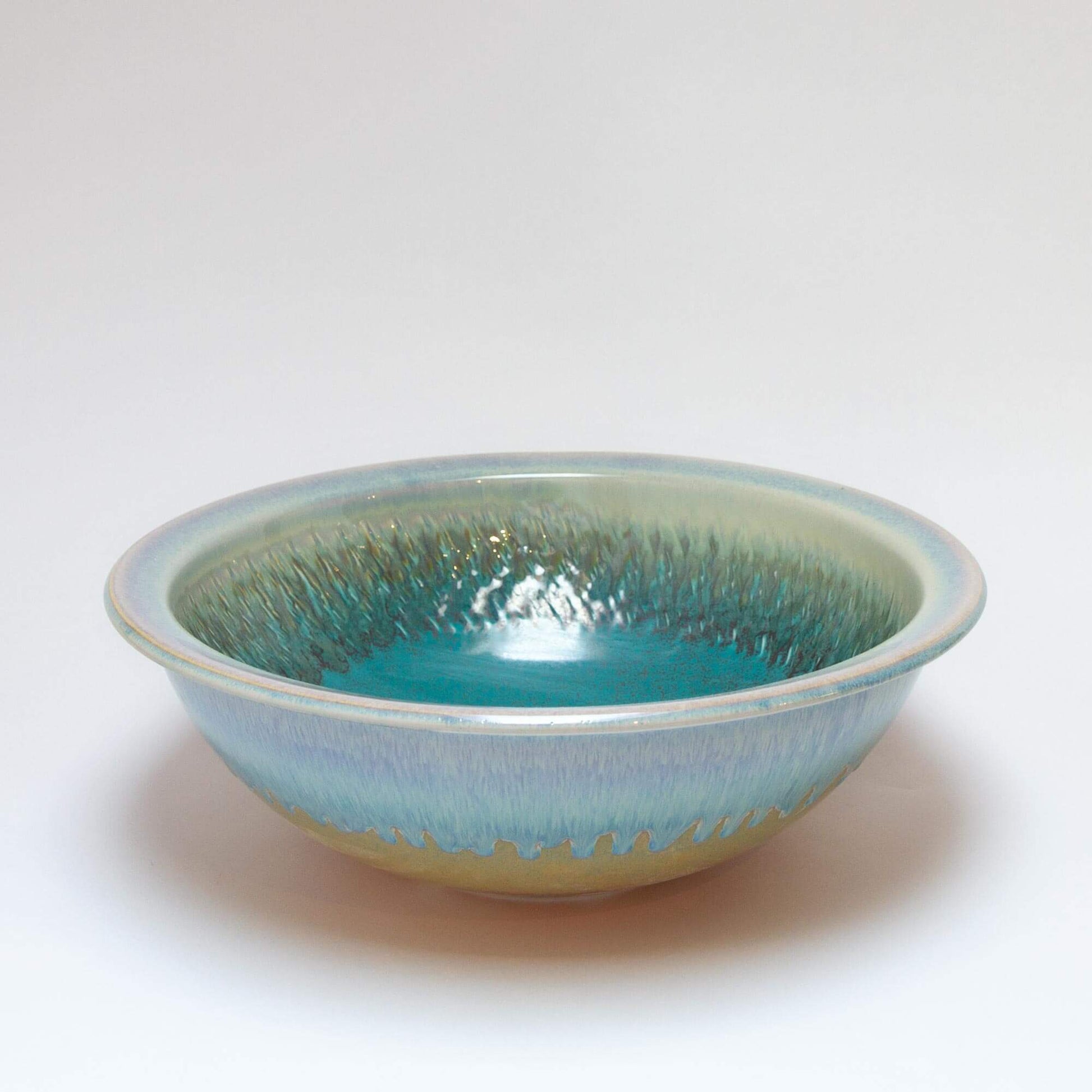 Handmade Pottery Rim Mount Sink in Green Oribe pattern made by Olyssia Designs LLC  in US
