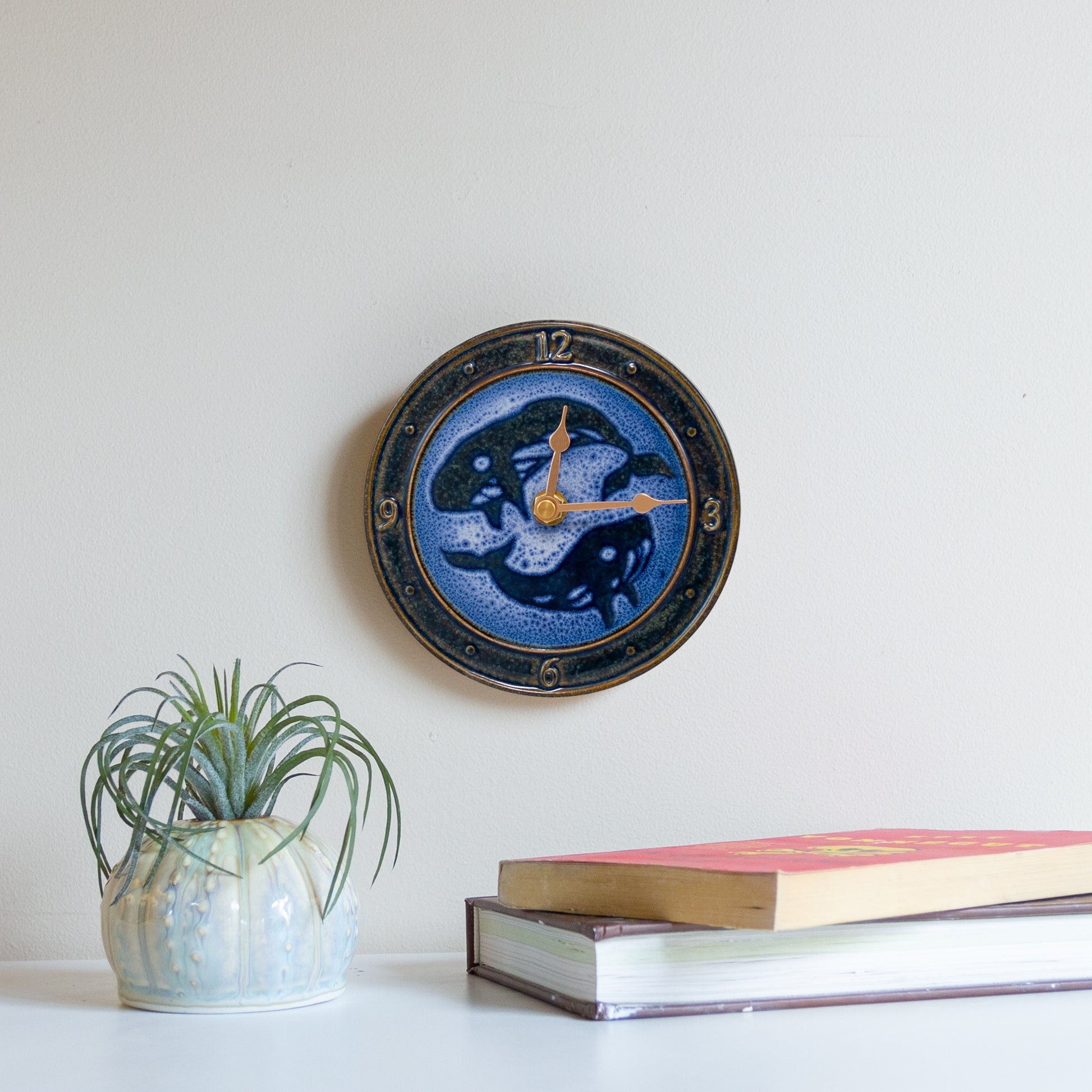 Handmade Pottery Small Clock w/ Stand in Blue Whale pattern made by Olyssia Designs LLC  in US