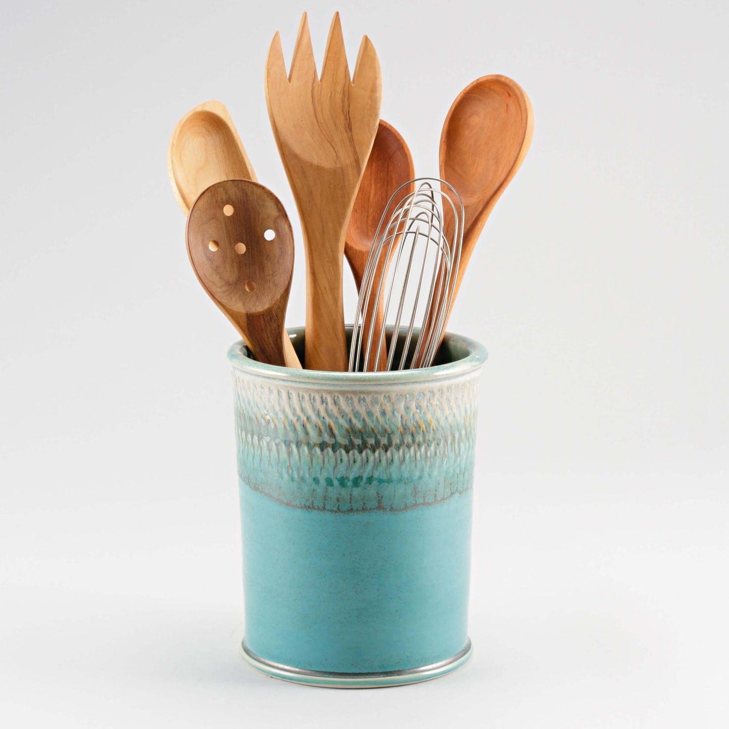 Handmade Pottery Utensil Holder in Green Oribe pattern made by Olyssia Designs LLC in US