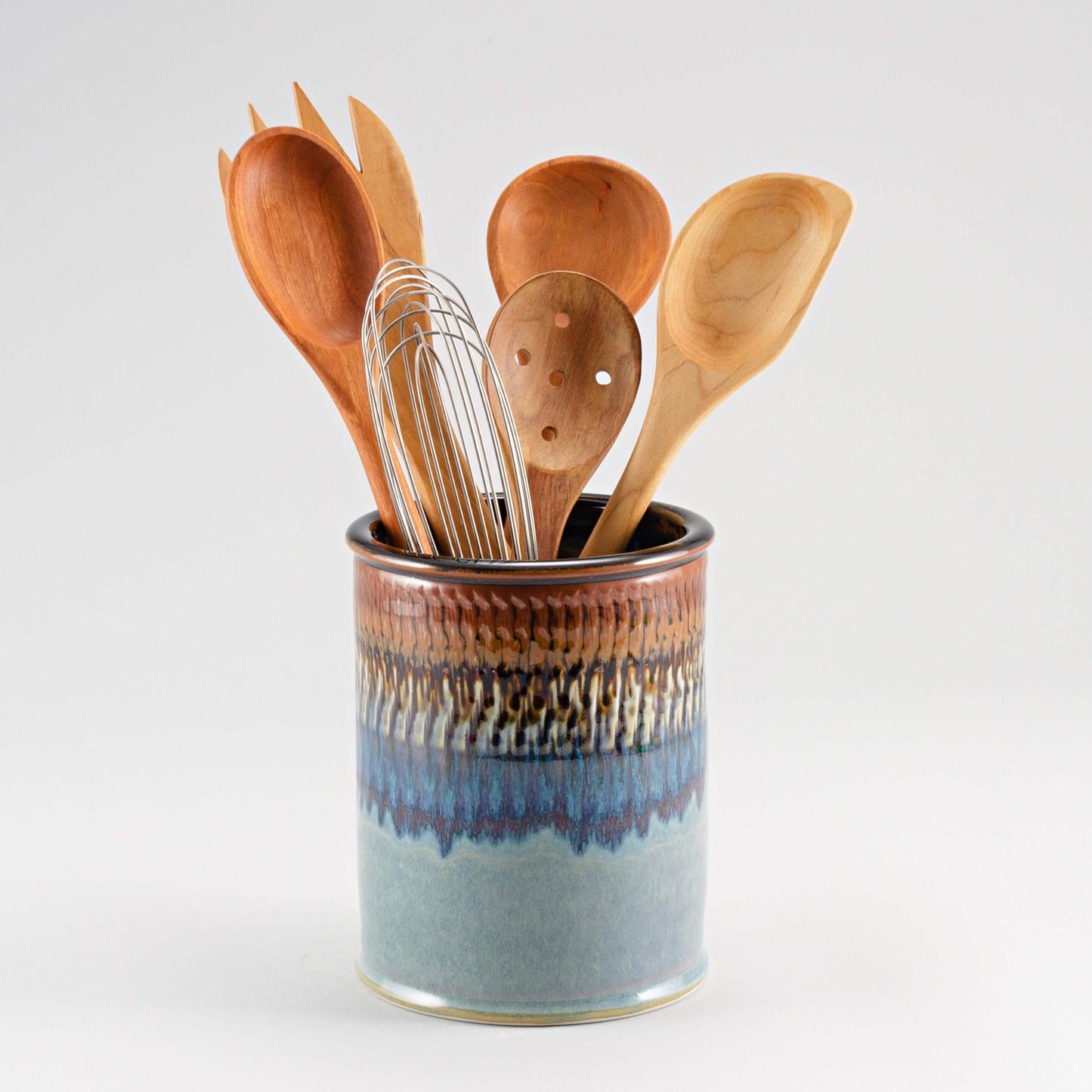 Handmade Pottery Utensil Holder in Purple Hamada pattern made by Olyssia Designs LLC in US