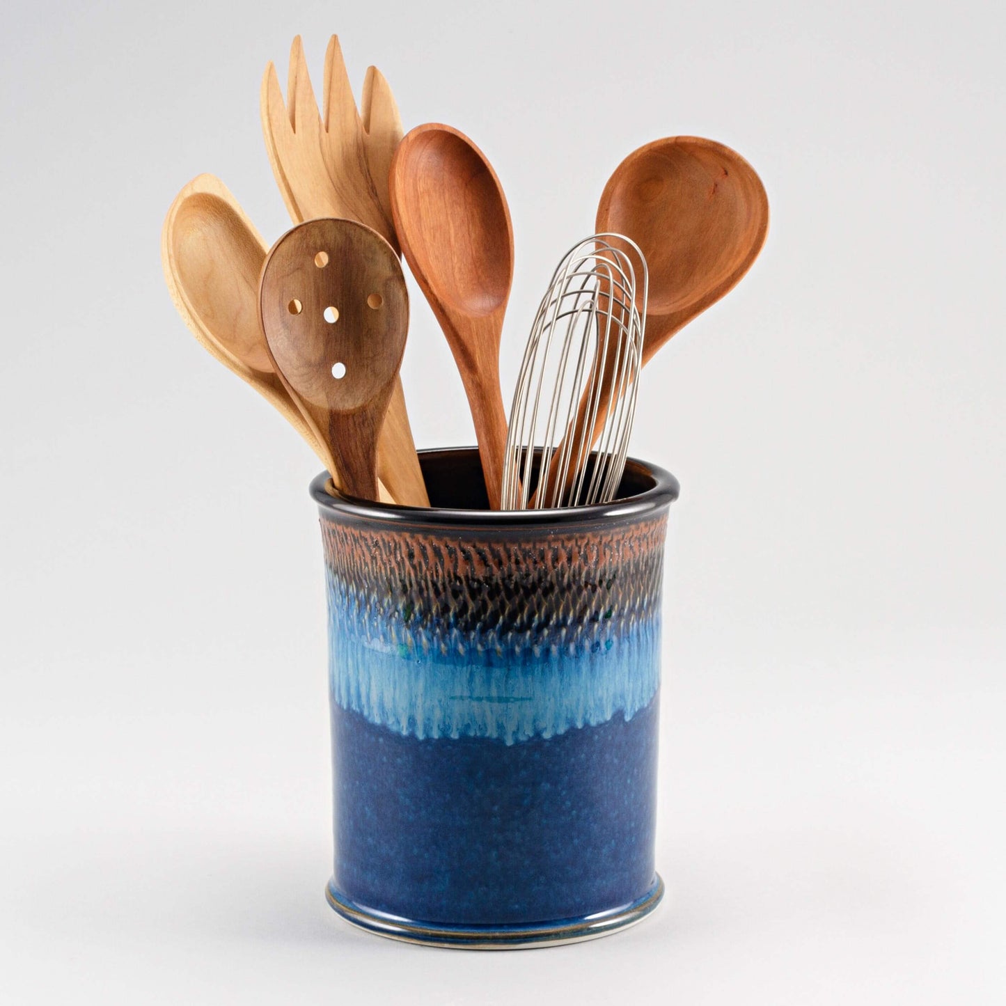 Handmade Pottery Utensil Holder in Blue Hamada pattern made by Olyssia Designs LLC in US