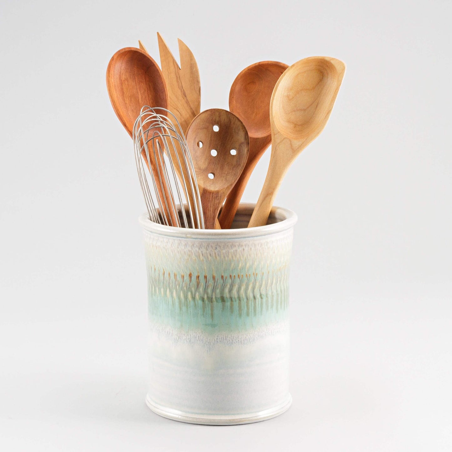 Handmade Pottery Utensil Holder in Ivory & Green pattern made by Olyssia Designs LLC in US