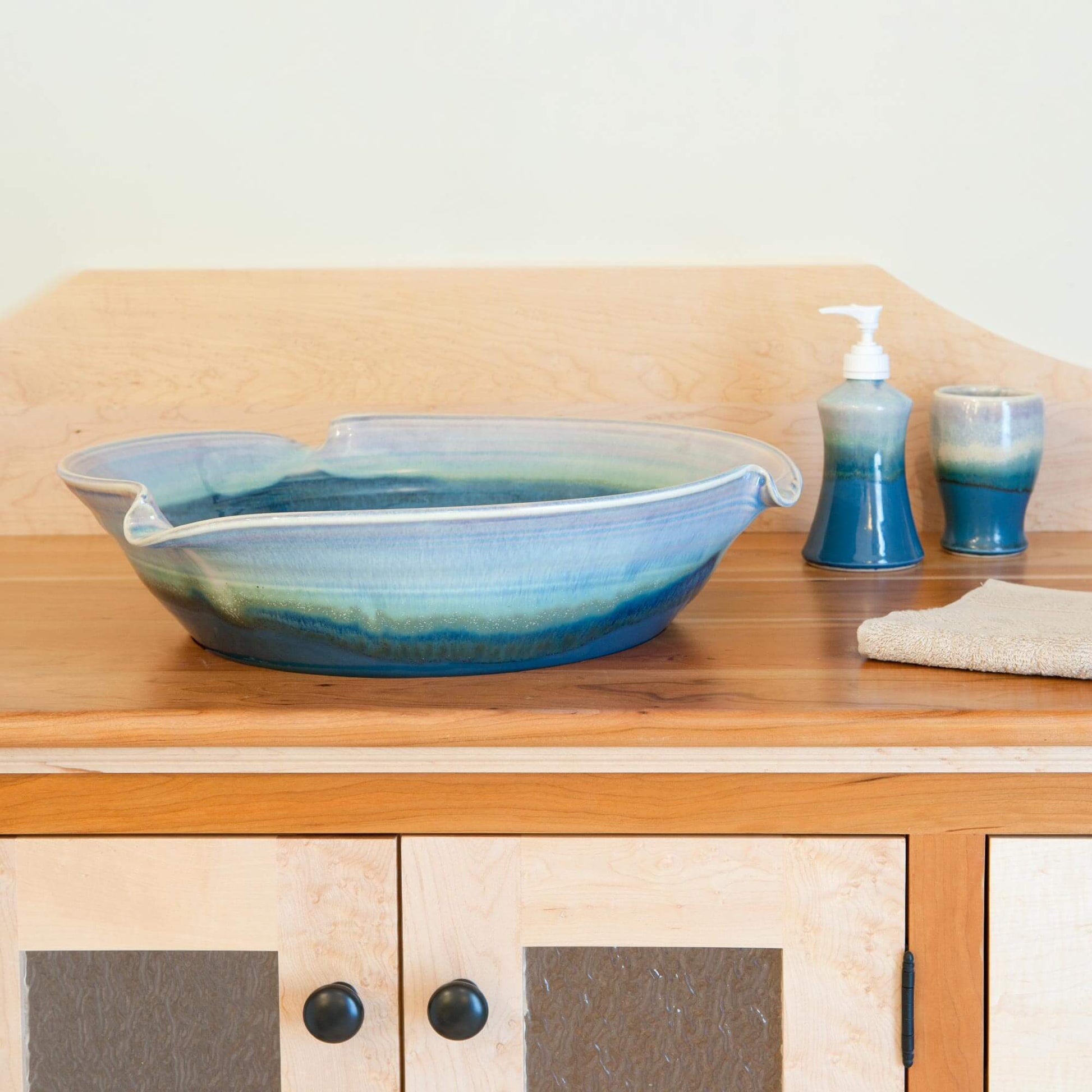 Handmade Pottery Vessel Wave Edge Sink in Blue Oribe and Purple pattern made by Olyssia Designs LLC  in US