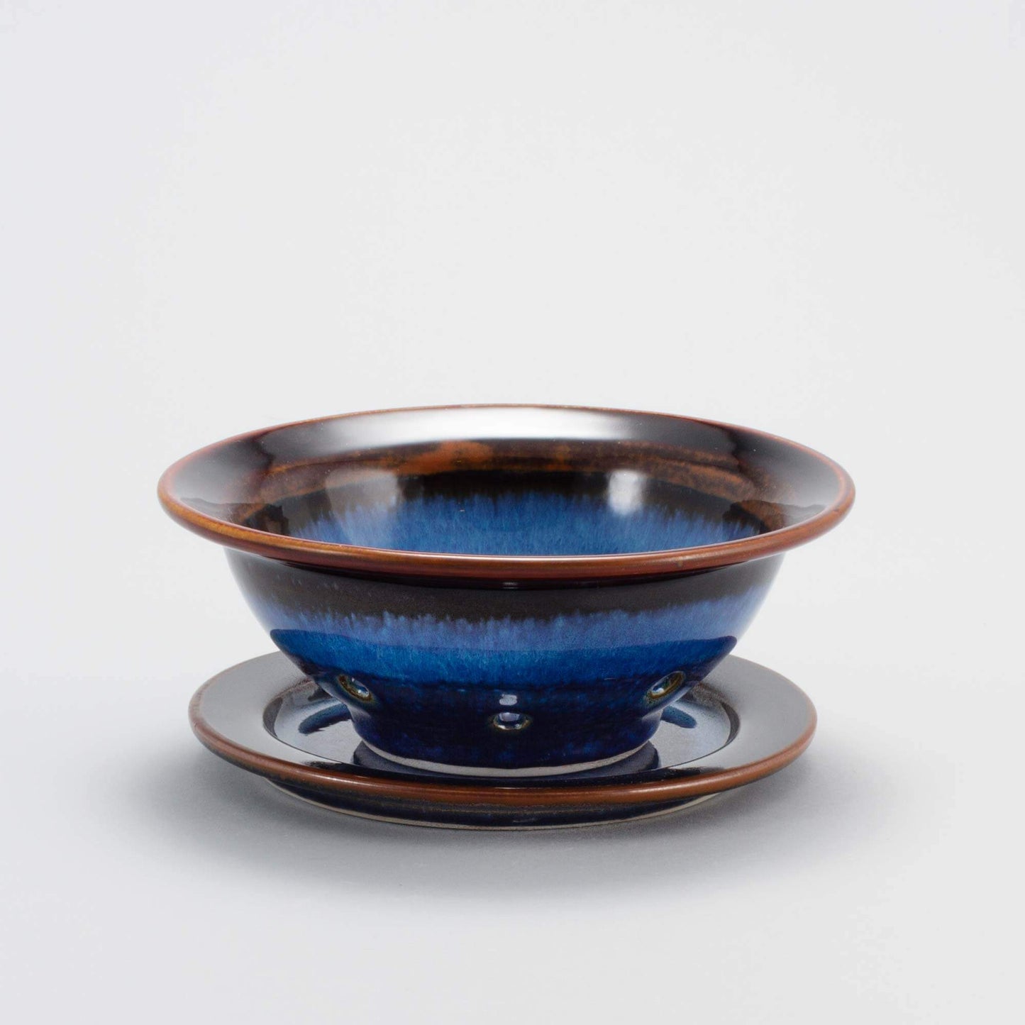 Handmade Pottery Berry Bowl with Plate in Blue Hamada pattern made by Olyssia Designs LLC in US
