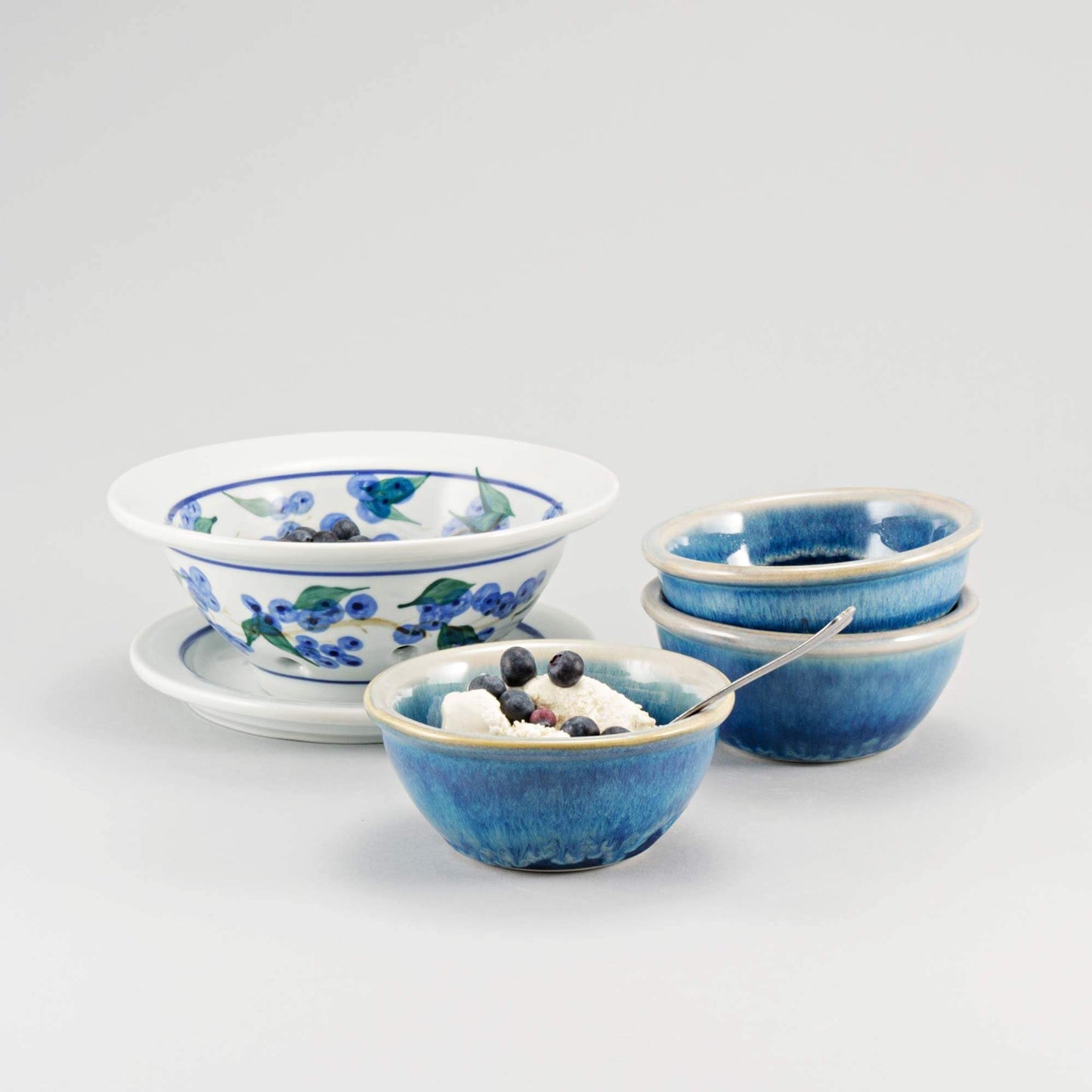 Handmade Pottery Berry Bowl with Plate in Blueberry pattern made by Olyssia Designs LLC in US