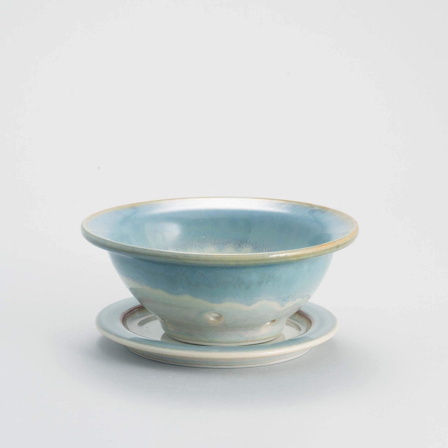 Handmade Pottery Berry Bowl with Plate in Ivory & Blue pattern made by Olyssia Designs LLC in US