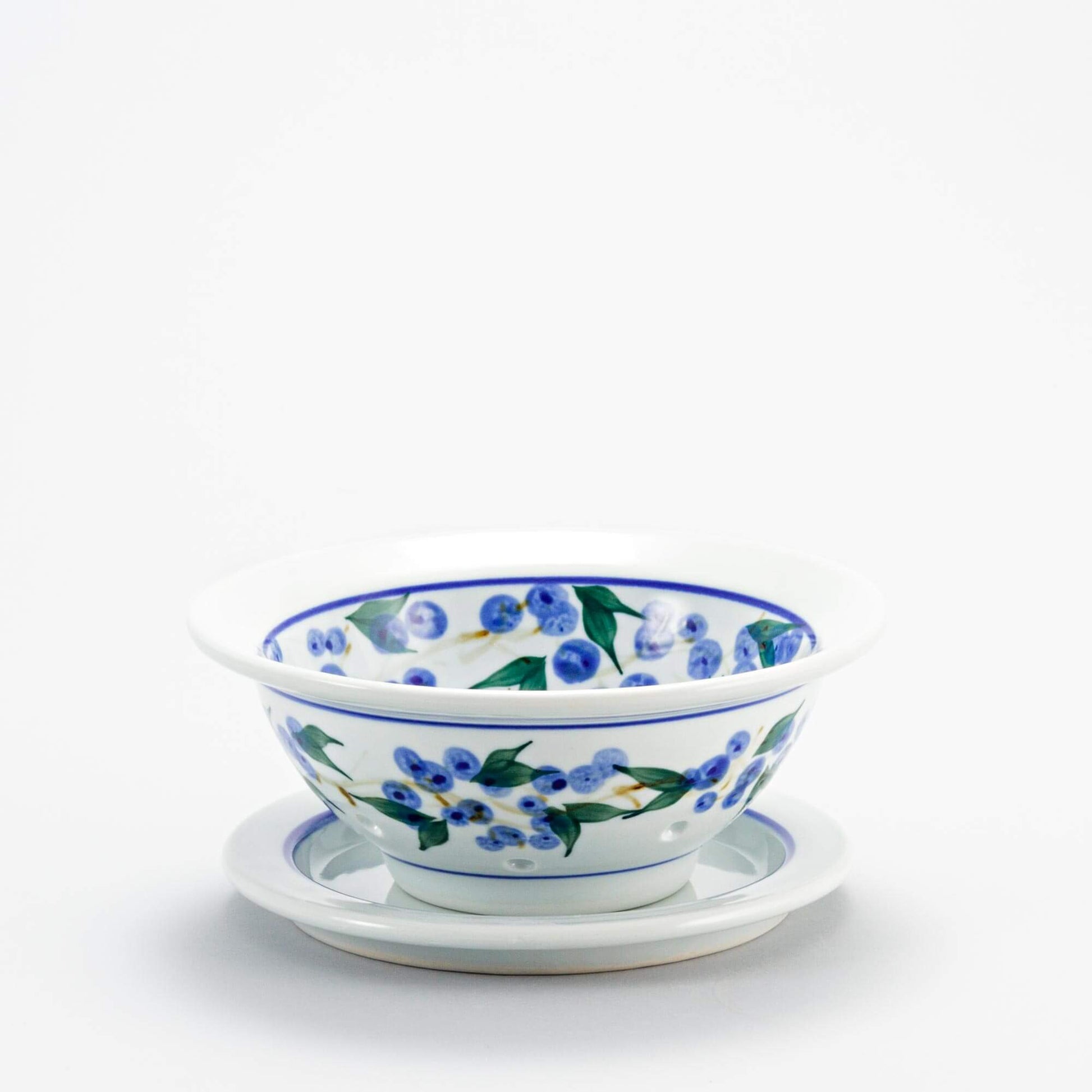Handmade Pottery Berry Bowl with Plate in Blueberry pattern made by Olyssia Designs LLC in US