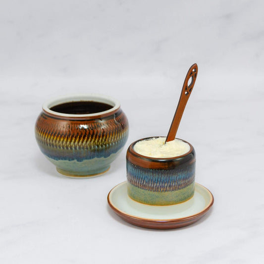 Handmade Pottery French Butter Keeper in Purple Hamada pattern made by Olyssia Designs LLC  in US