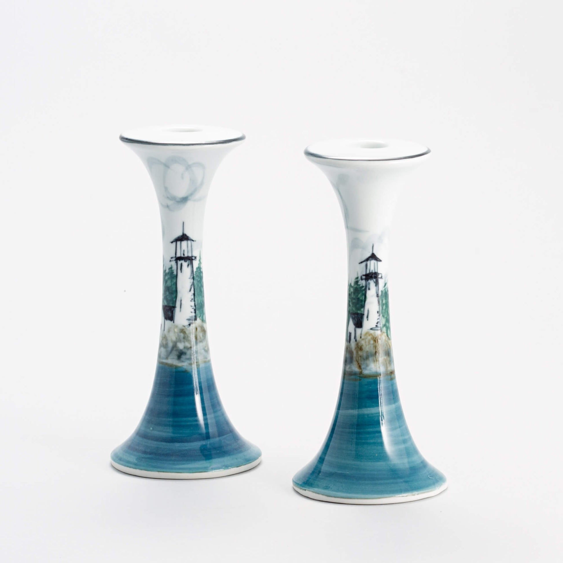 Handmade Pottery Candlestick Holders in Birch Point pattern made by Olyssia Designs LLC in US
