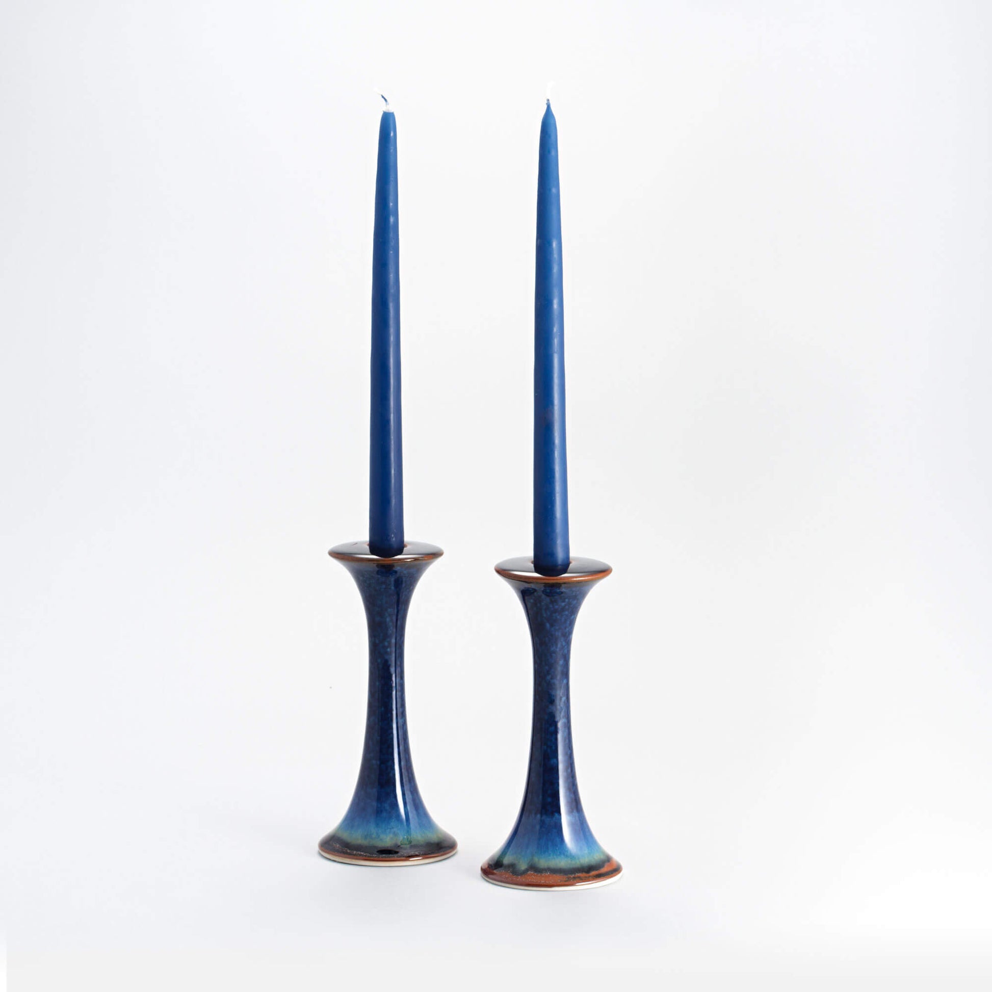 Handmade Pottery Candlestick Holders in Blue Hamada pattern made by Olyssia Designs LLC in US