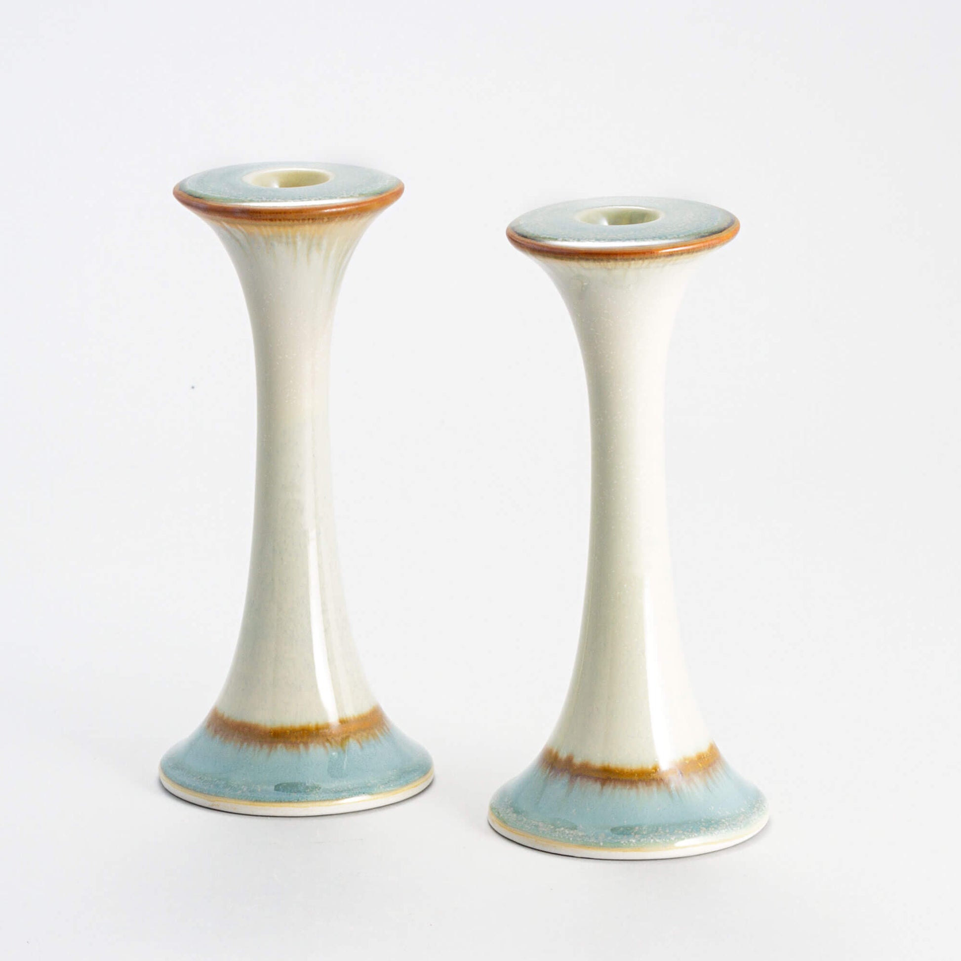 Handmade Pottery Candlestick Holders in Ivory & Blue pattern made by Olyssia Designs LLC in US
