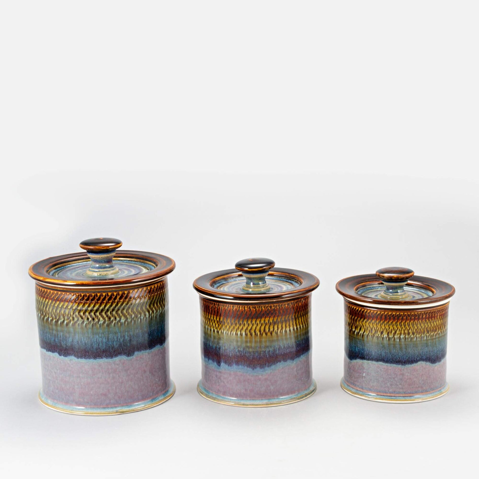 Handmade Pottery Canister Set in Purple Hamada pattern made by Olyssia Designs LLC in US