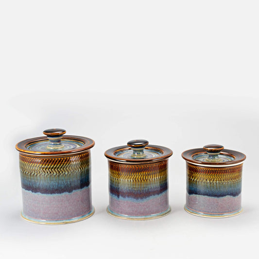Handmade Pottery Canister Set in Purple Hamada pattern made by Olyssia Designs LLC  in US