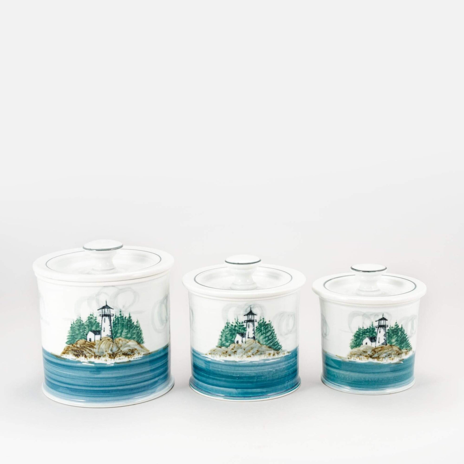 Handmade Pottery Canister Set in Lighthouse pattern made by Olyssia Designs LLC in US