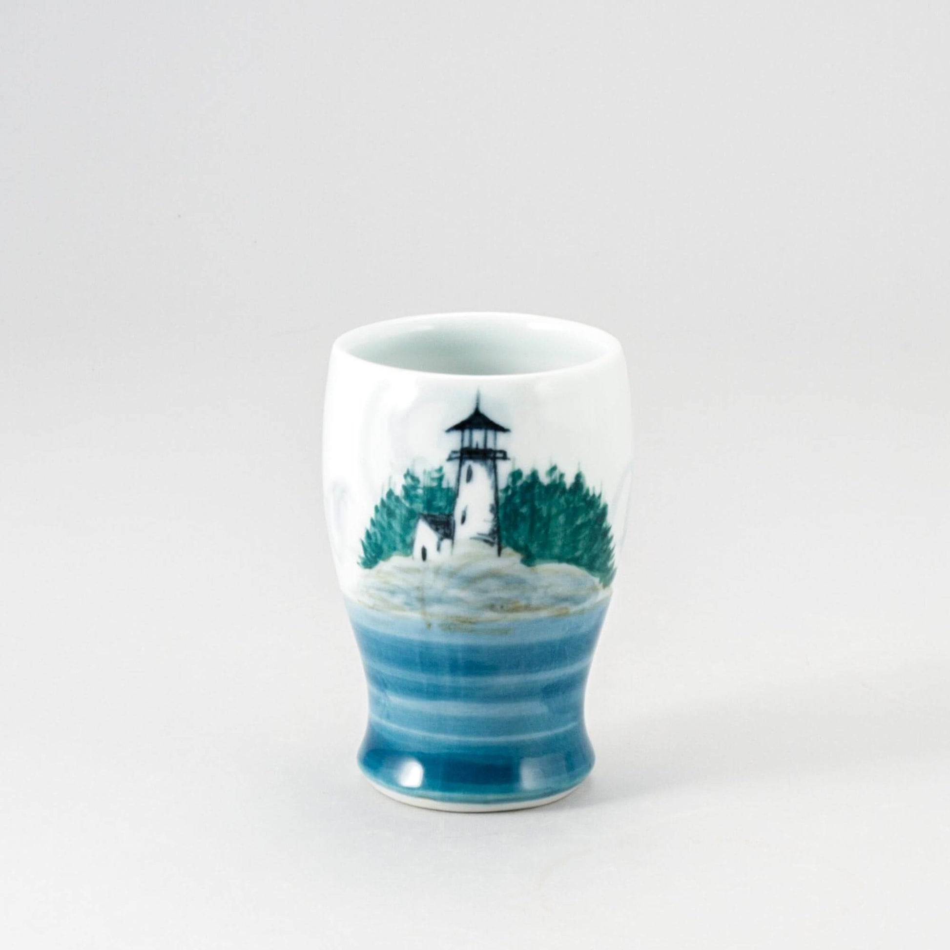 Handmade Pottery Curvy Tumbler in Lighthouse pattern made by Olyssia Designs LLC in US