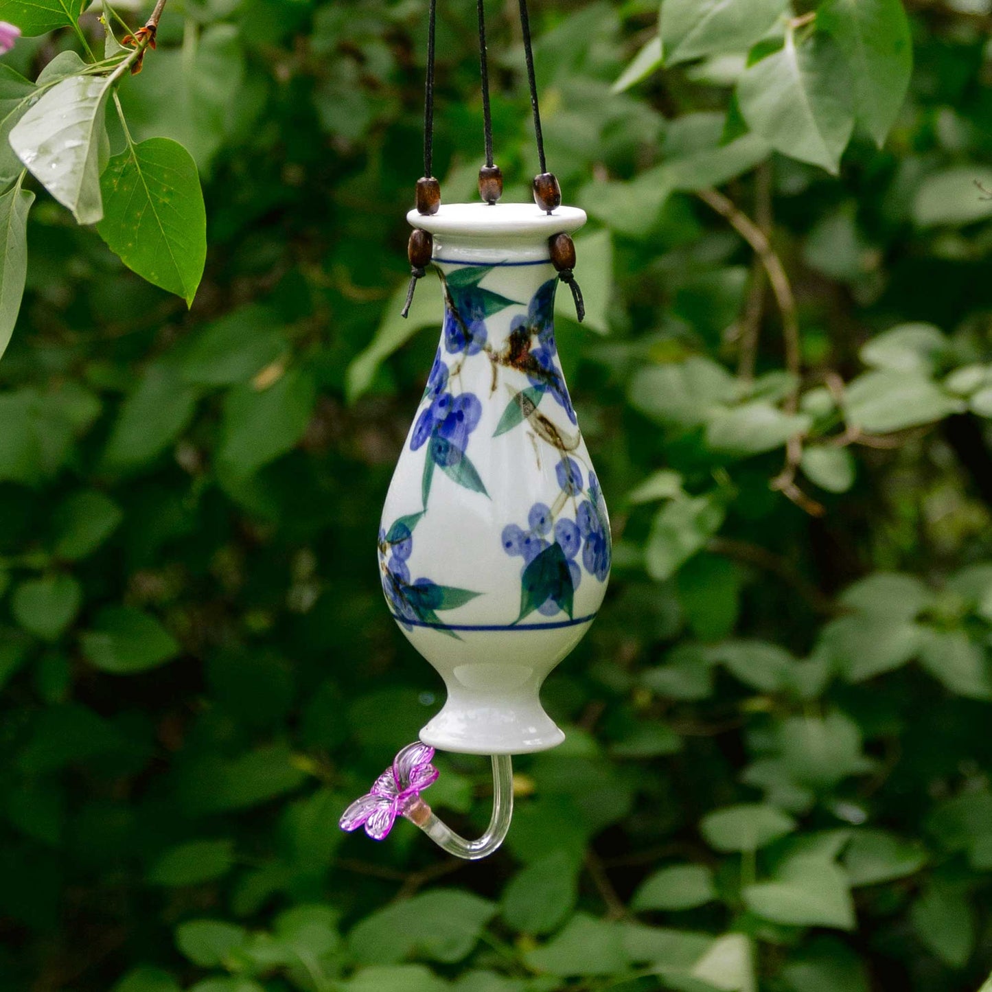 Handmade Pottery Bottle Hummingbird Feeder in Blueberry pattern made by Olyssia Designs LLC in US