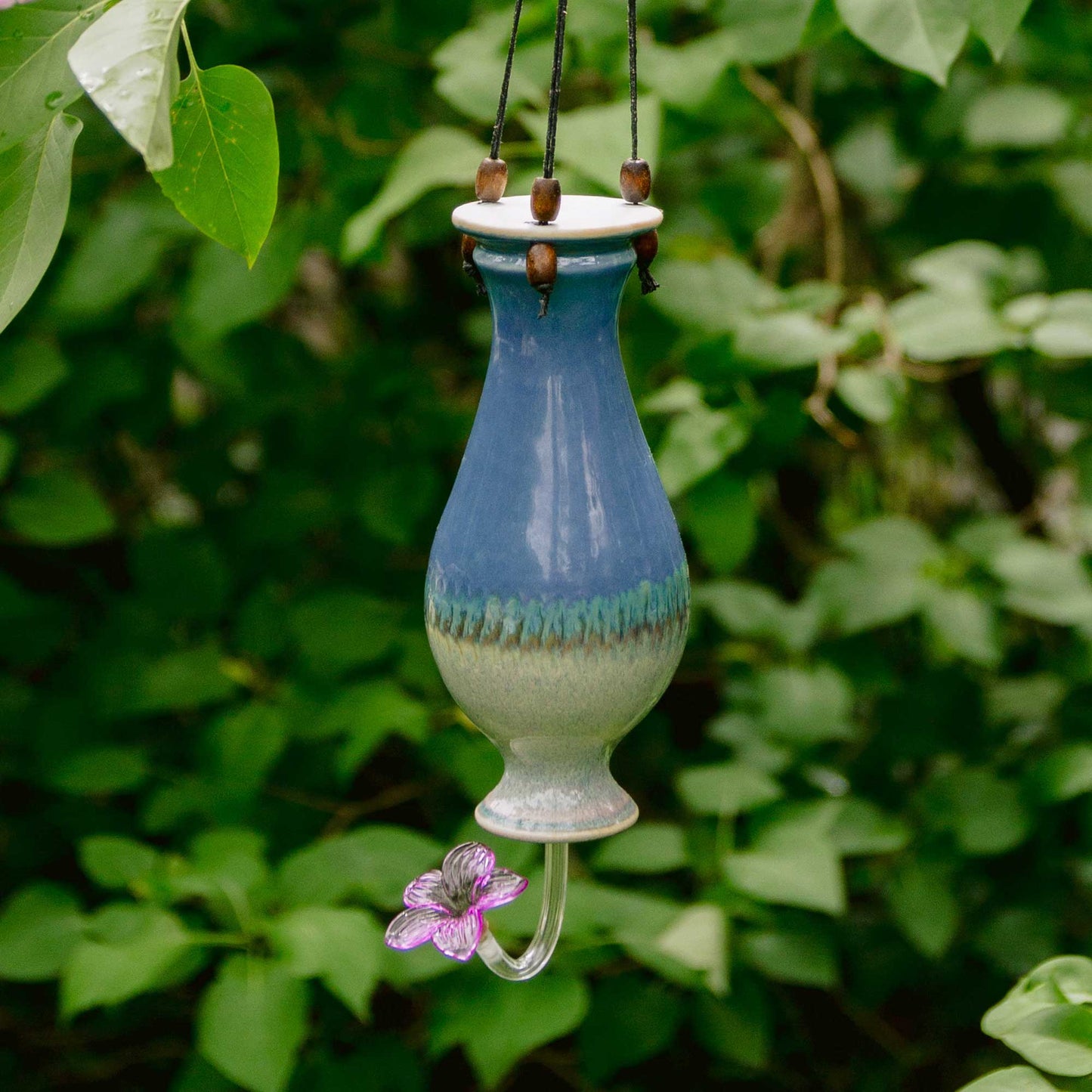 Handmade Pottery Bottle Hummingbird Feeder in Blue Oribe pattern made by Olyssia Designs LLC in US