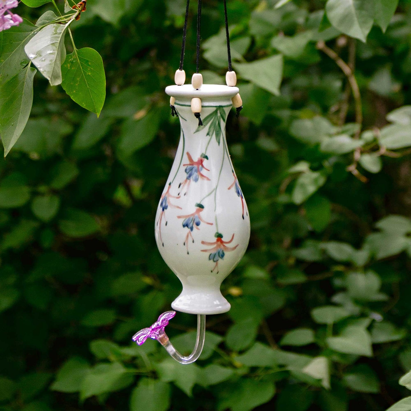 Handmade Pottery Bottle Hummingbird Feeder in Fuschia pattern made by Olyssia Designs LLC in US
