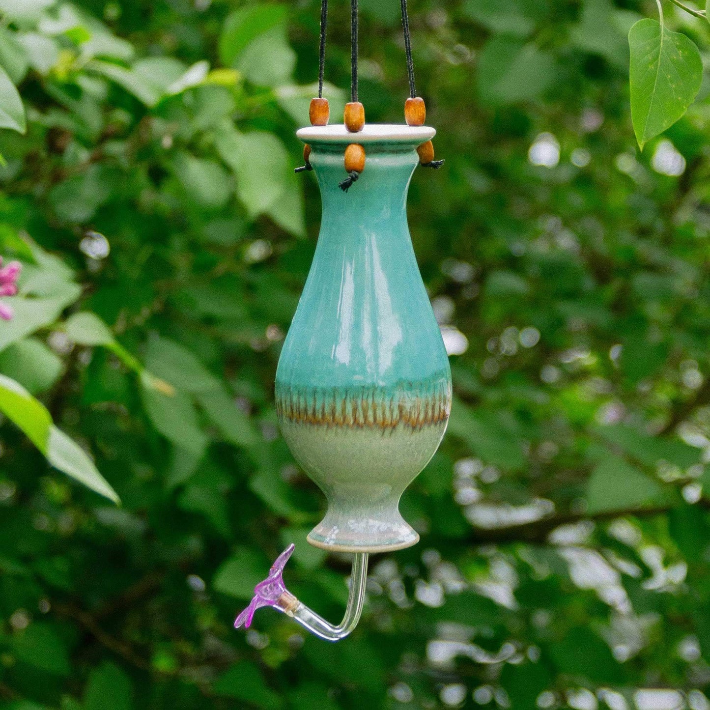 Handmade Pottery Bottle Hummingbird Feeder in Green Oribe pattern made by Olyssia Designs LLC in US