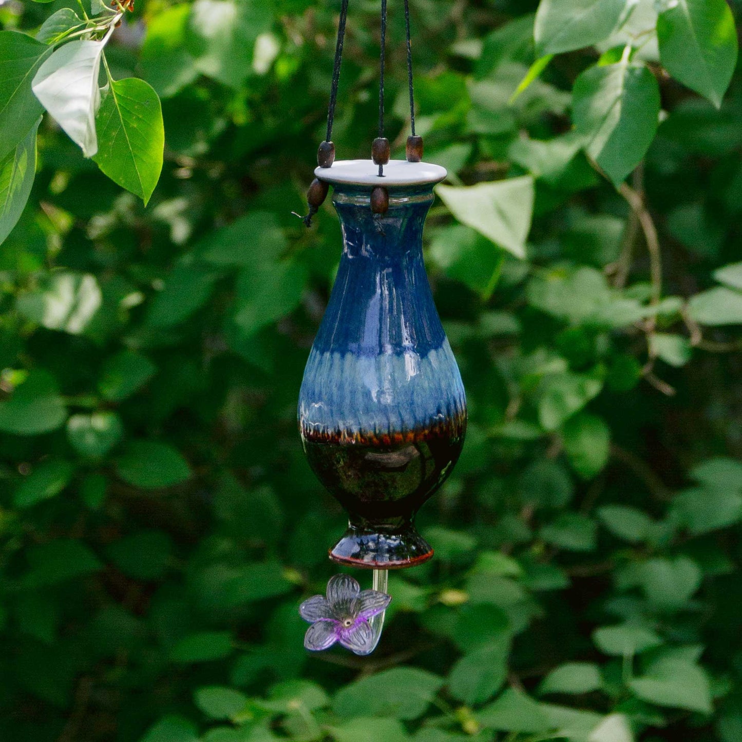 Handmade Pottery Bottle Hummingbird Feeder in Blue Hamada pattern made by Olyssia Designs LLC in US
