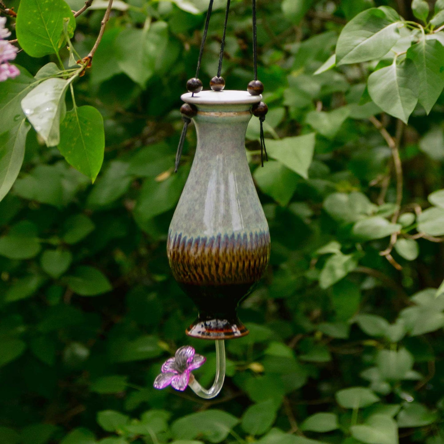Handmade Pottery Bottle Hummingbird Feeder in Purple Hamada pattern made by Olyssia Designs LLC in US