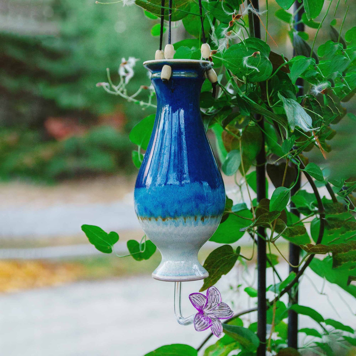 Handmade Pottery Bottle Hummingbird Feeder in Cobalt pattern made by Olyssia Designs LLC in US