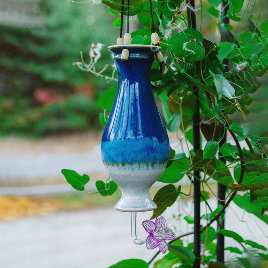 Handmade Pottery Bottle Hummingbird Feeder in Cobalt pattern made by Olyssia Designs LLC  in US