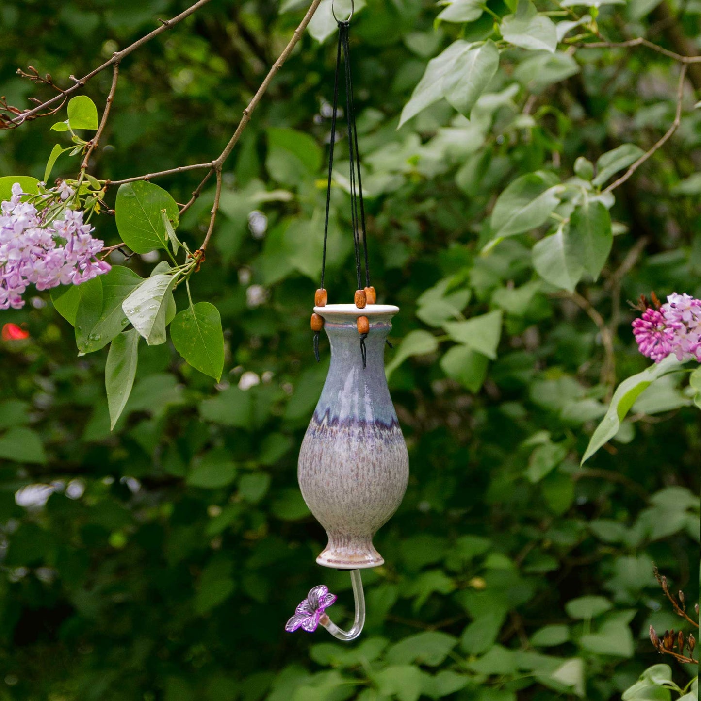 Handmade Pottery Bottle Hummingbird Feeder in Purple Nuka pattern made by Olyssia Designs LLC in US