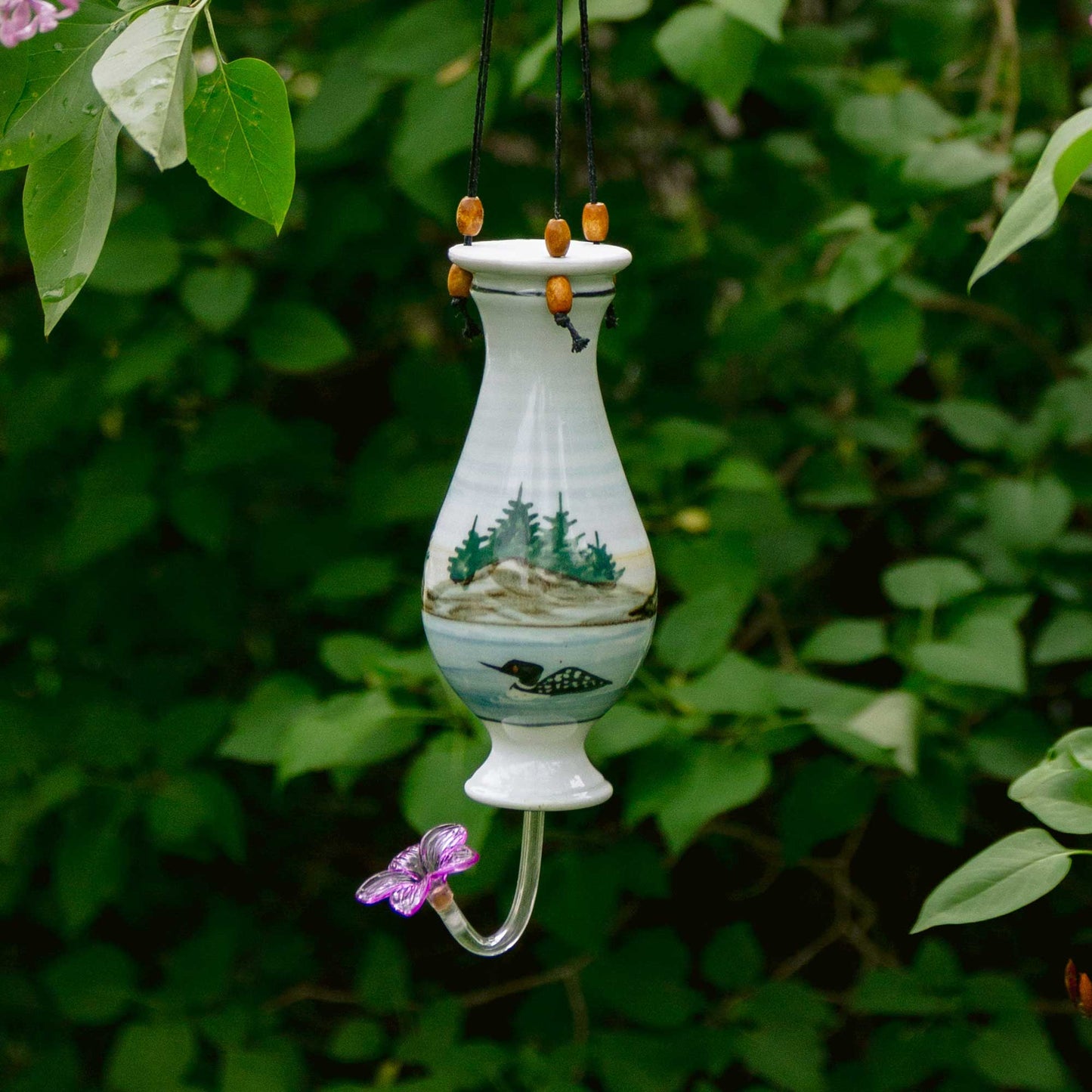 Handmade Pottery Bottle Hummingbird Feeder in Loon pattern made by Olyssia Designs LLC in US