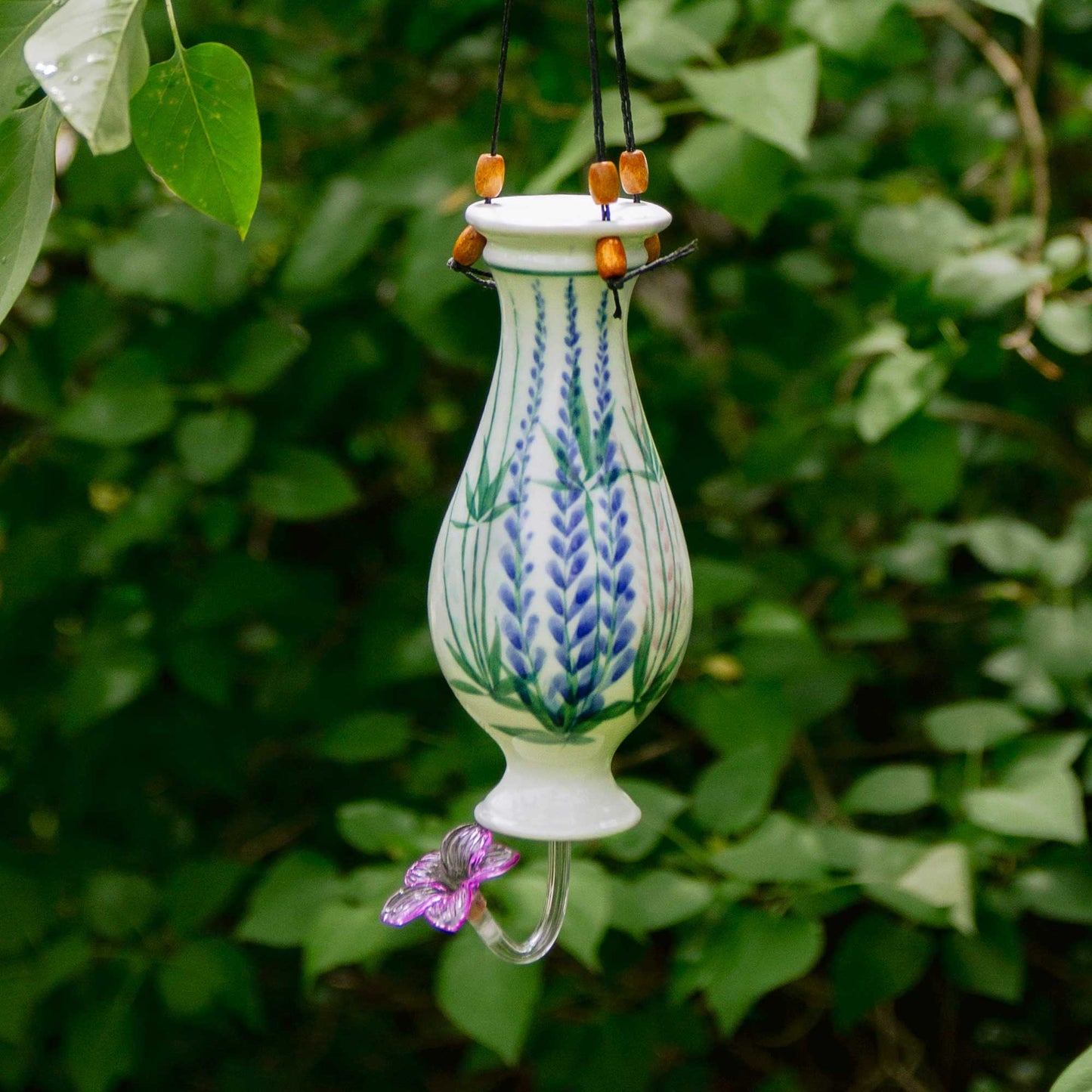 Handmade Pottery Bottle Hummingbird Feeder in Lupine pattern made by Olyssia Designs LLC in US