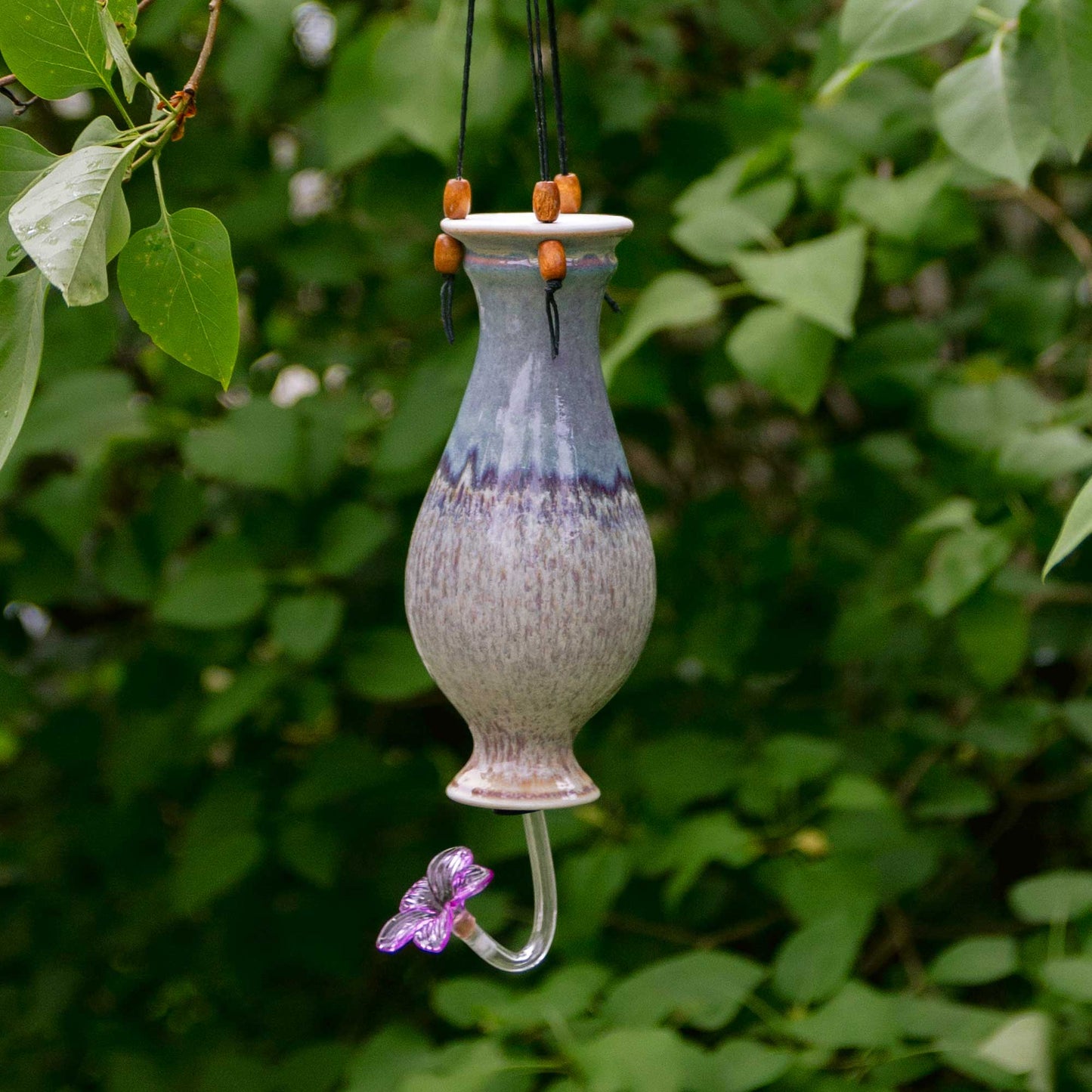 Handmade Pottery Bottle Hummingbird Feeder in Purple Nuka pattern made by Olyssia Designs LLC in US
