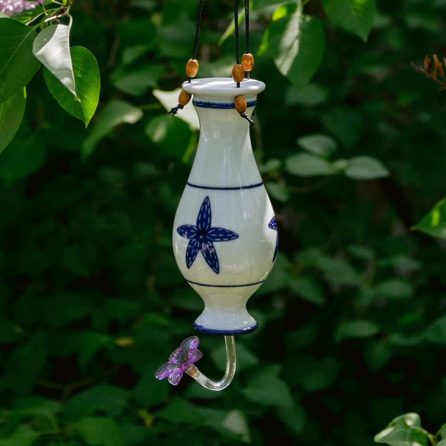 Handmade Pottery Bottle Hummingbird Feeder in Starfish pattern made by Olyssia Designs LLC in US