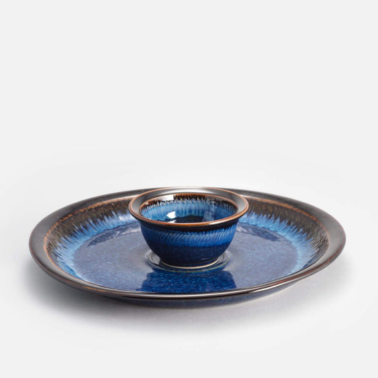 Handmade Pottery Large Chip & Dip in Blue Hamada pattern made by Olyssia Designs LLC  in US