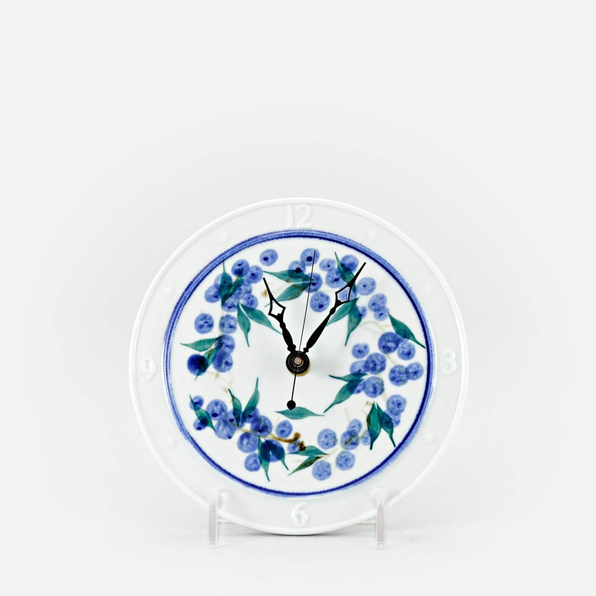 Handmade Pottery Large Clock w/ Stand in Blueberry pattern made by Olyssia Designs LLC  in US