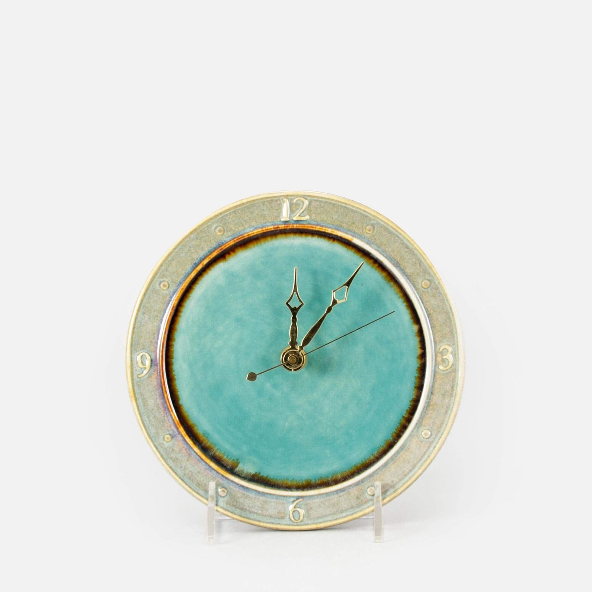 Handmade Pottery Large Clock w/ Stand in Green Oribe pattern made by Olyssia Designs LLC  in US