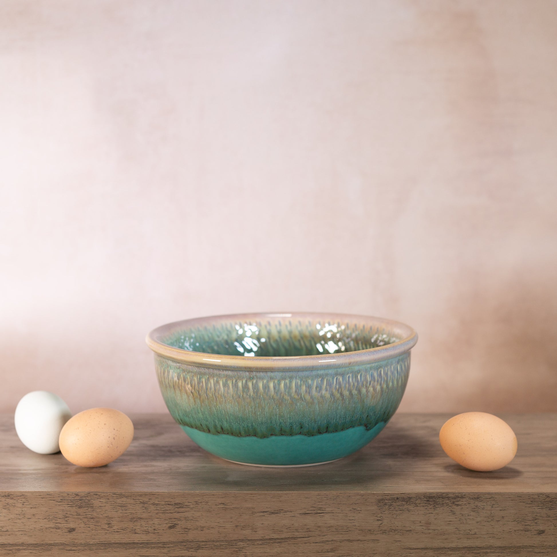 Handmade Pottery 8 Inch Mixing Bowl in Green Oribe pattern made by Olyssia Designs LLC in US