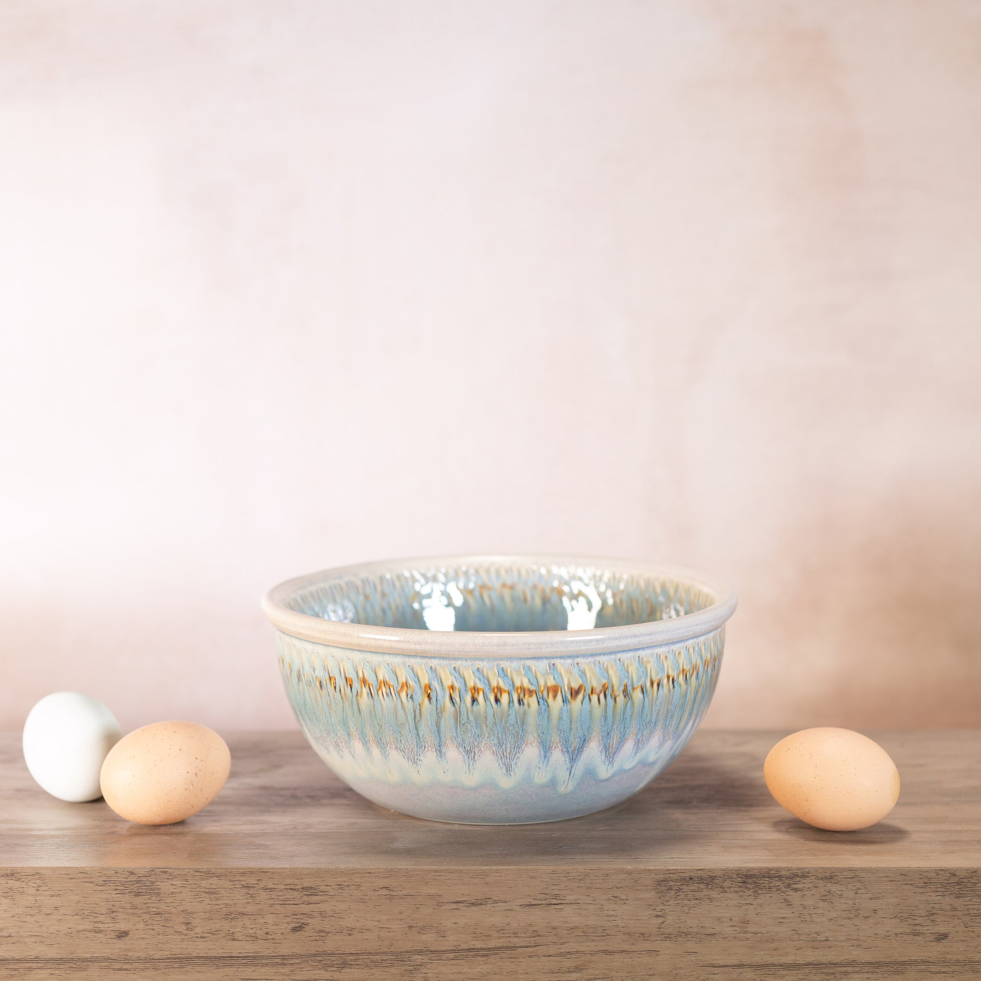 Handmade Pottery 8 Inch Mixing Bowl in Ivory Blue pattern made by Olyssia Designs LLC in US