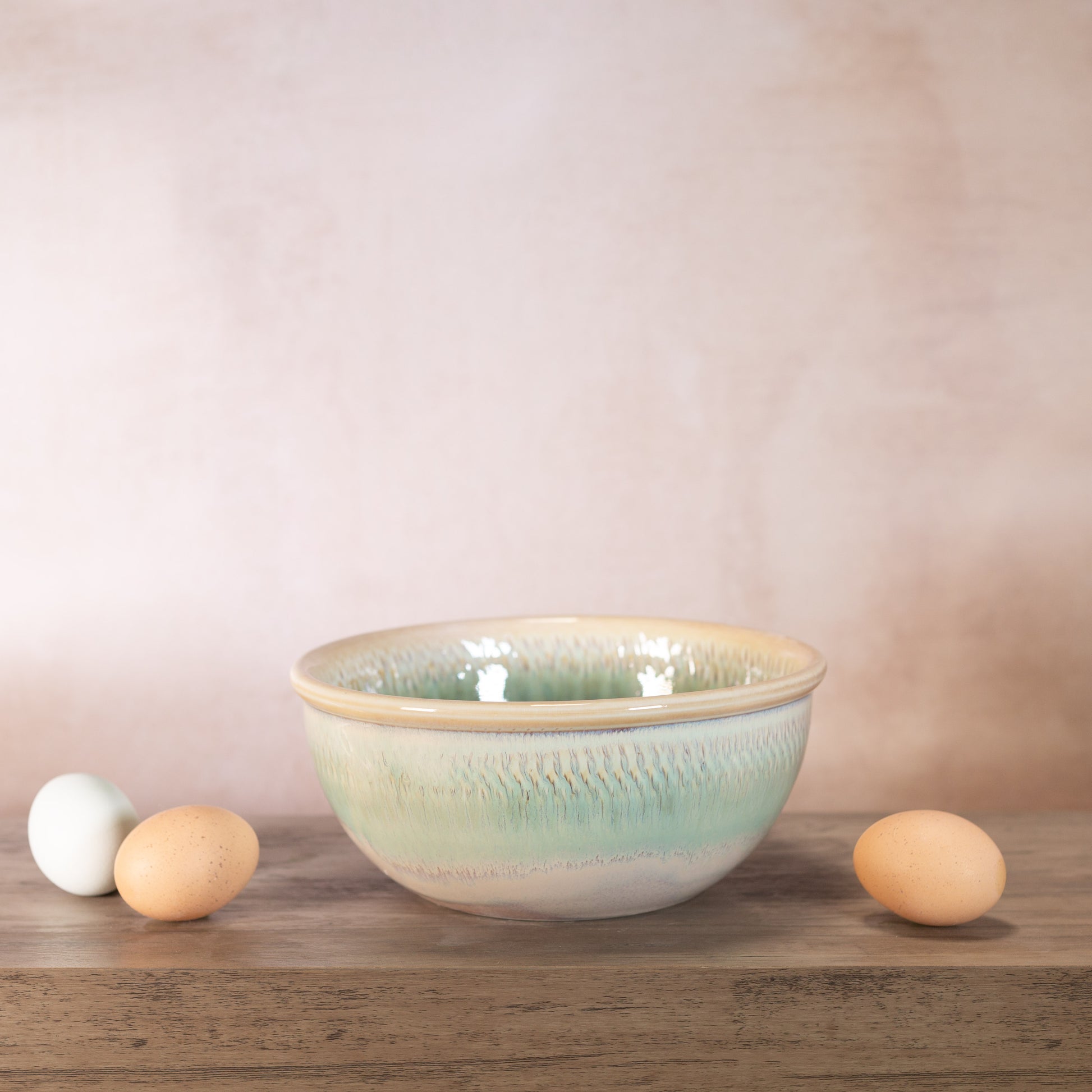 Handmade Pottery 8 Inch Mixing Bowl in Ivory Green pattern made by Olyssia Designs LLC in US