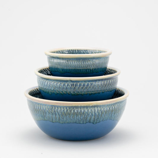 Handmade Pottery Mixing Bowl Set in Blue Oribe pattern made by Olyssia Designs LLC  in US