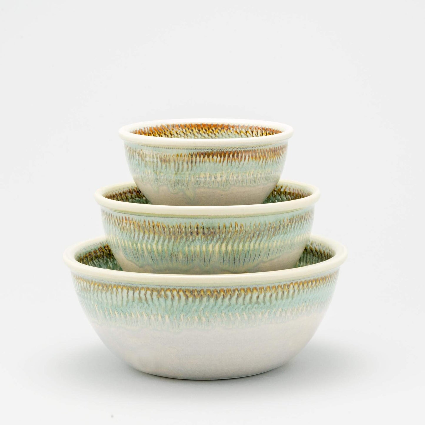 Handmade Pottery Mixing Bowl Set in Ivory & Green Oribe pattern made by Olyssia Designs LLC in US