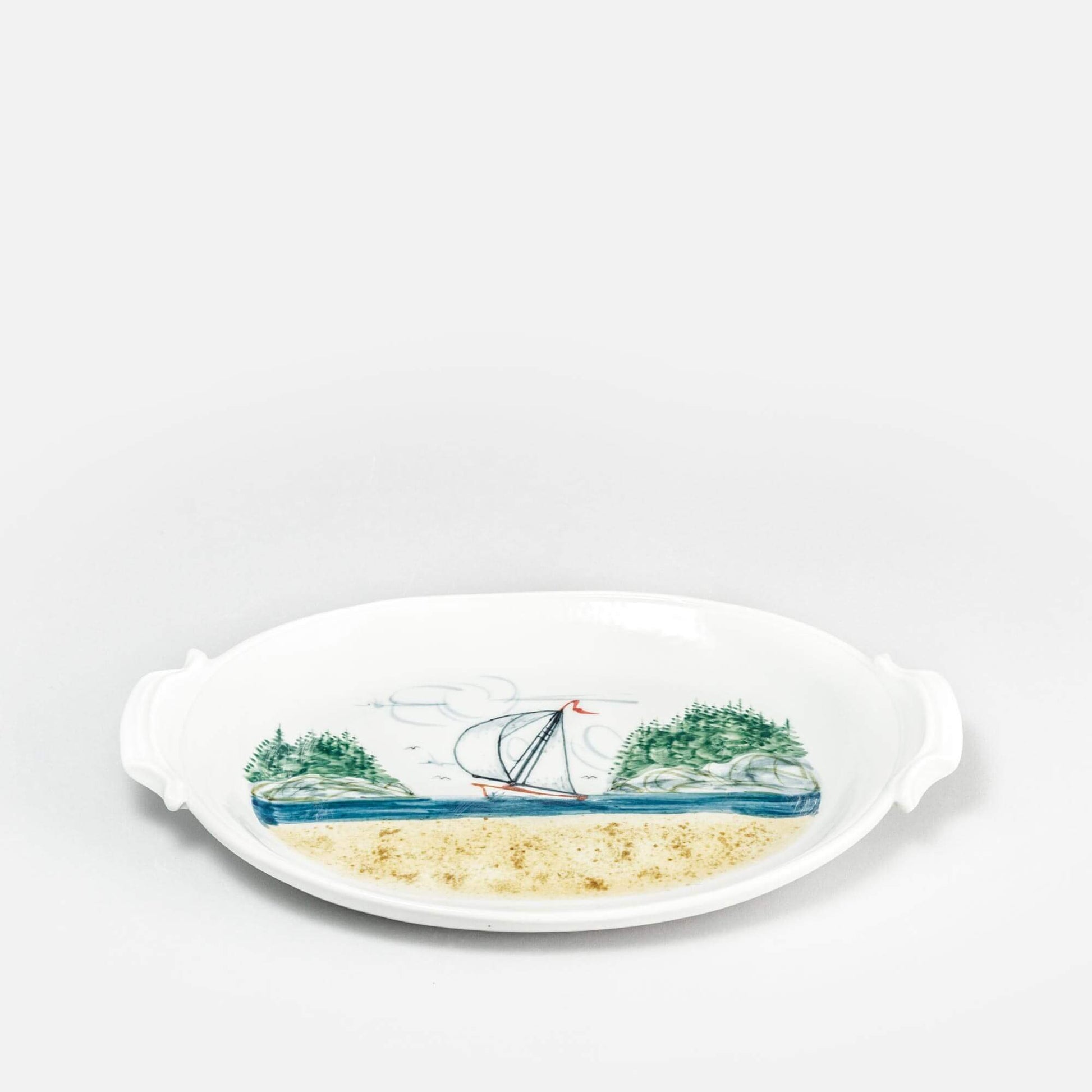 Handmade Pottery Oval Tray in Sailboat pattern made by Olyssia Designs LLC  in US