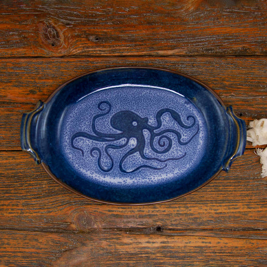 Handmade Pottery Oval Tray in Blue Octopus pattern made by Olyssia Designs LLC  in US
